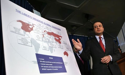 US Attorney Preet Bharara presenting charges against Liberty Reserve