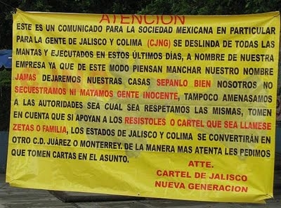 A narcomanta hung by CJNG in Colima state
