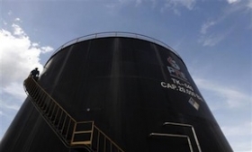 A Pacific Rubiales oil tank in Meta, Colombia