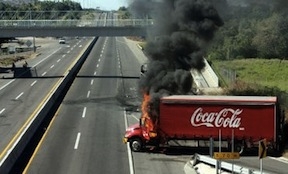 A burned Coca-Cola truck