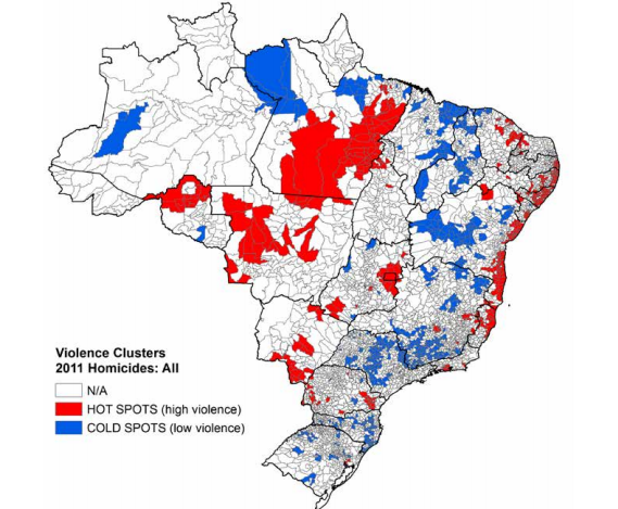 Map of "hot" and "cold" spots for Brazil homicides