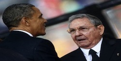 President Obama shaking hands with President Castro