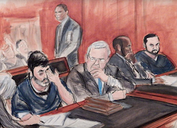 Courtroom sketch depicting Campo and Flores