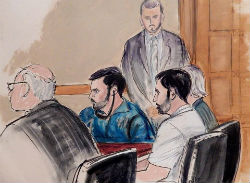 Sketch of Efrain Campo and Francisco Flores in court