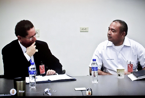 Attorney General Douglas MelÃ©ndez (left) and Justice Minister Mauricio Ramirez Landaverde in the teleconference.