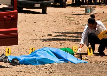 Forensic experts examine a body on a beach