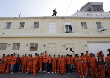 Prisoners outside Topo Chico prison in Monterrey, Mexico,