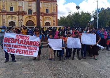 Members of the families displaced from Ocosingo, Chiapas, protest against the Petules paramilitary group