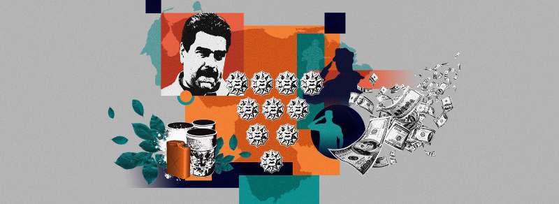 Ilustración de Nicolás Maduro junto a barriles, militares, billetes y soles