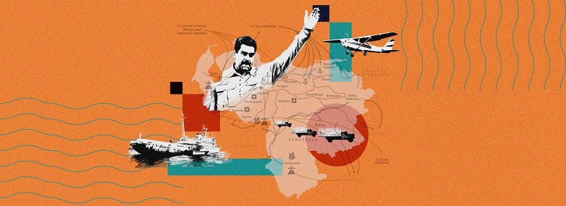 Ilustración del mapa de Venezuela donde aparece Maduro y distintos medios de transporte