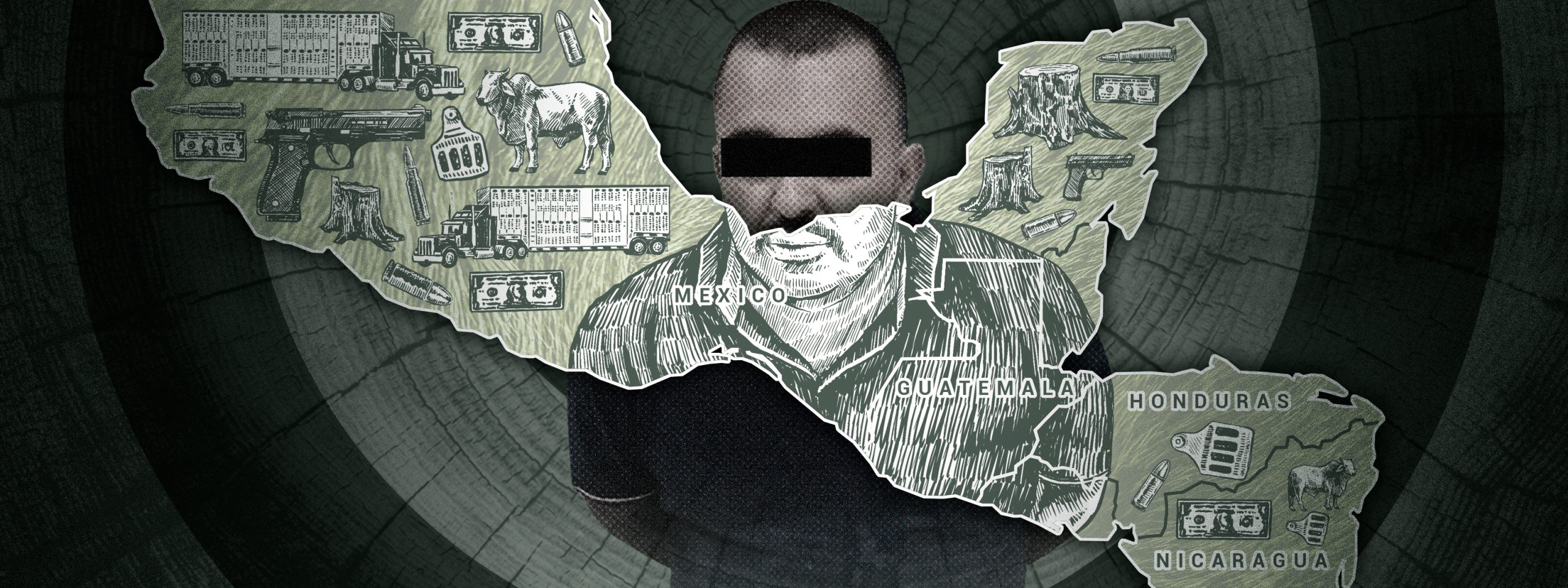 Ilustración mapa de Centroamérica con imágenes de ganado y un preso de fondo