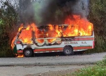 A bus burnt to a crisp during an armed strike by a guerrilla group in the run-up to Colombia's presidential elections
