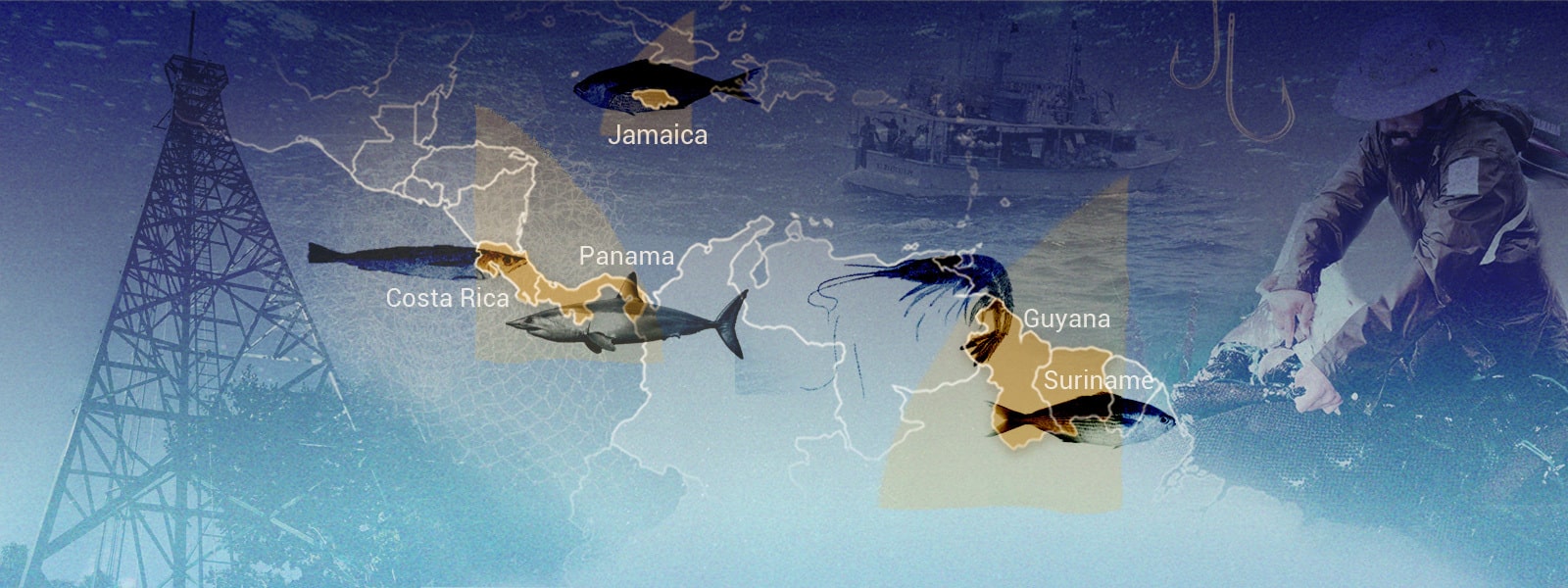 Gráfico sobre pesca INDNR con distintos peces y el mapa de Centroamérica, Suramérica y el Caribe de fondo