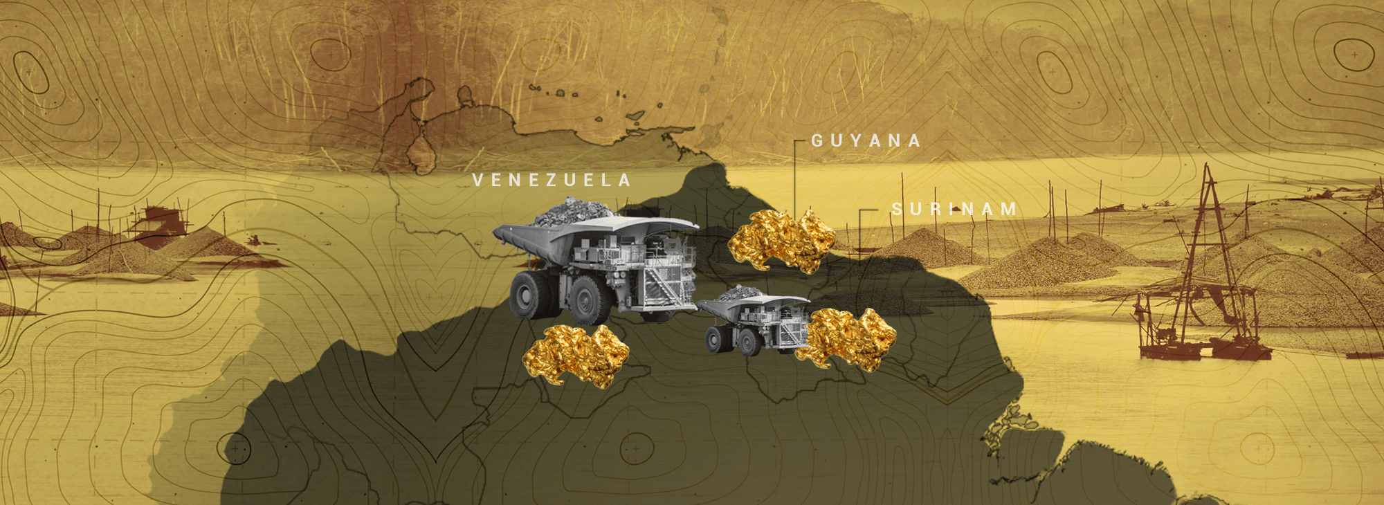 Map of Venezuela, Suriname, and Guyana with trucks carrying illegally mined material