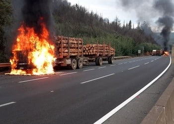 Truck trasnsporting wood engulfed in flames in southern Chile