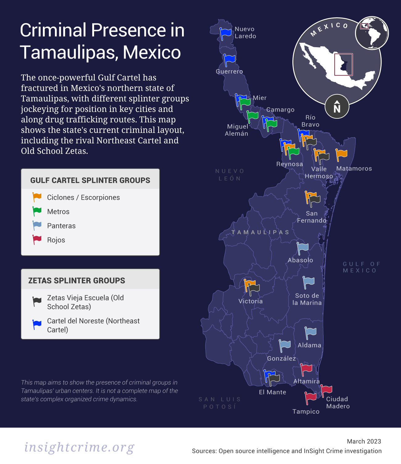 This map of Tamaulipas, Mexico, shows the presence of key criminal groups, including the Gulf Cartel and Northeast Cartel.