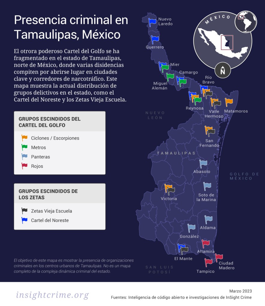 Este mapa de Tamaulipas, México, muestra la presencia de grupos criminales clave, incluyendo el Cartel del Golfo y el Cartel del Noreste.