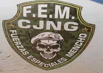 Emblema con un fondo verde estilo militar y con una calavera con boina en el centro, rodeado por un texto que dice "F.E.M. CJNG Fuerzas Especiales Mencho"
