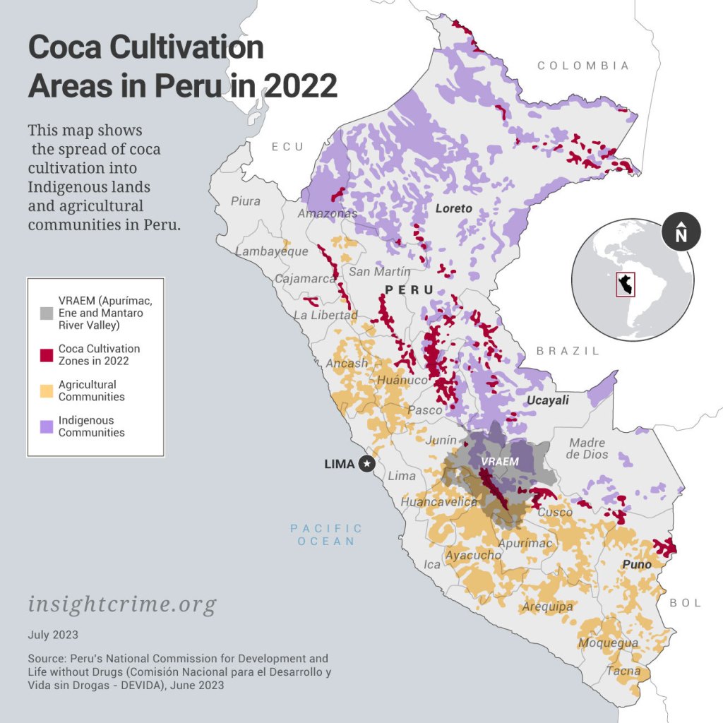 Map showing areas of coca cultivation in Peru in 2022.