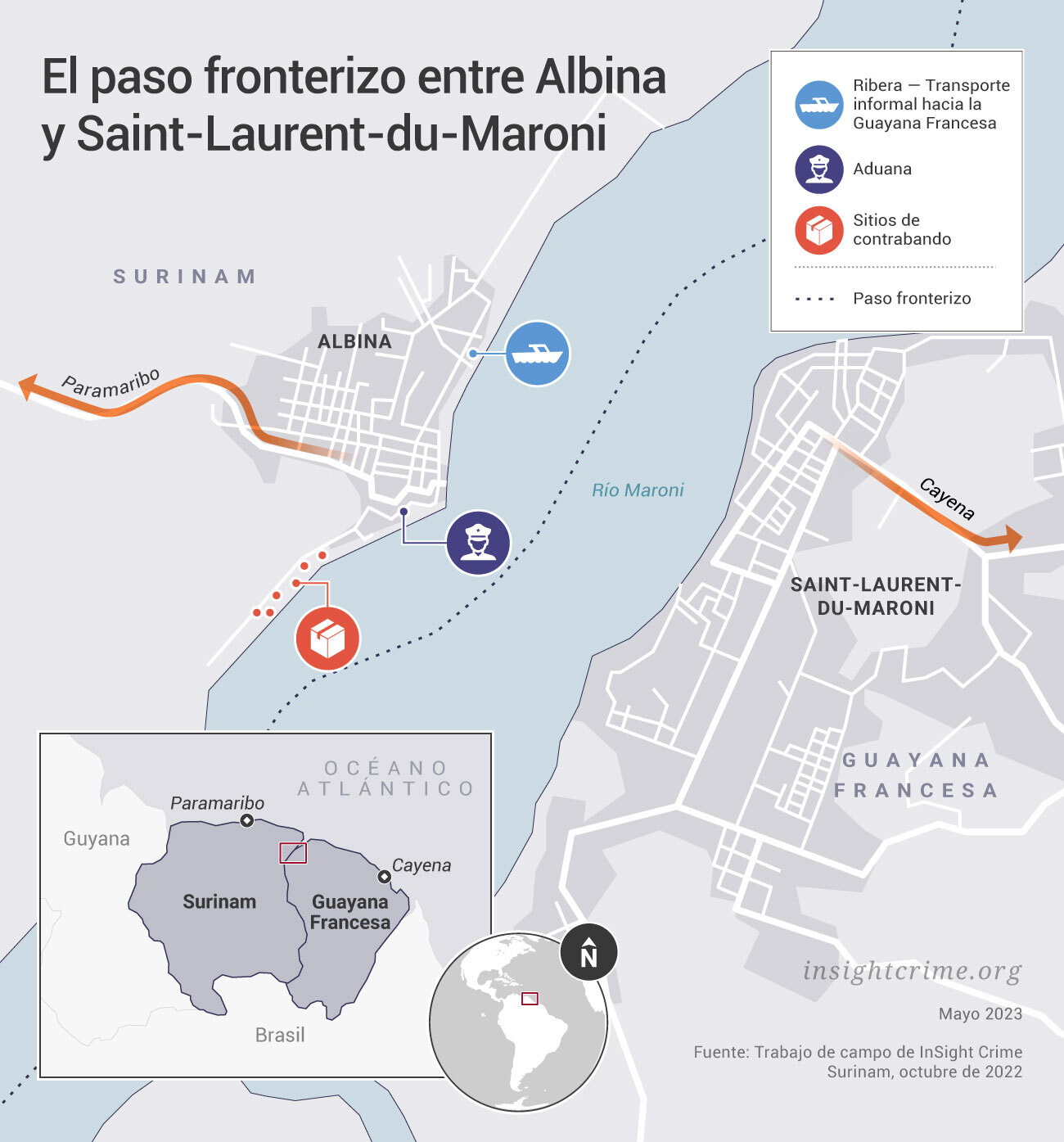Este mapa muestra el paso fronterizo entre Albina y Saint-Laurent-du-Maroni, las ciudades fronterizas entre Surinam y Guyana Francesa
