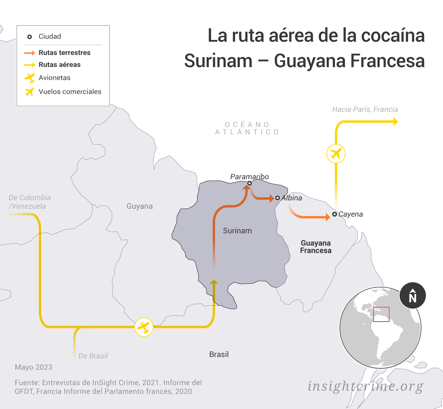 Este mapa muestra la ruta aérea de tráfico de cocaína entre Colombia y Venezuela, Surinam, Guyana Francesa y Francia