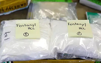 Plastic bags of white powder labeled as fentanyl.
