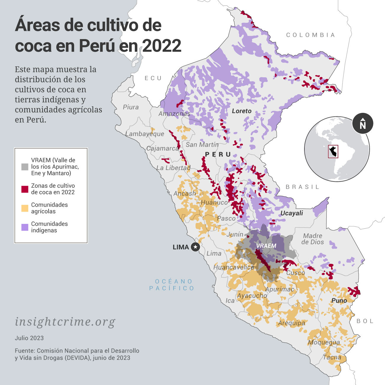 mapa de áreas de cultivo de coca en Perú en 2022