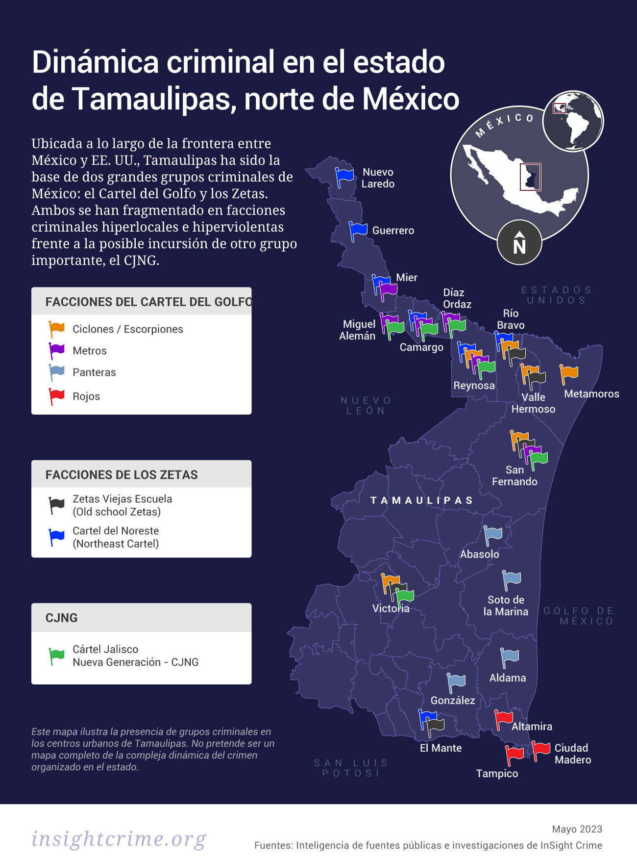 Este mapa muestra la presencia de los principales grupos criminales en los centros urbanos de Tamaulipas, norte de México. 