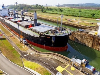 A container ship in the Panama canal