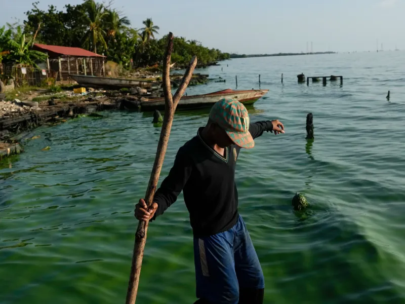 A fisherman walks along the shores of Lake Maracaibo. Un pescador camina a orillas del Lago Maracaibo
