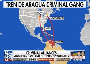 Screenshot of Fox News broadcast showing a map of alleged Tren de Aragua movements to the US. Captura de pantalla de la emisión de Fox News que muestra un mapa de los supuestos movimientos del Tren de Aragua hacia EE.UU.