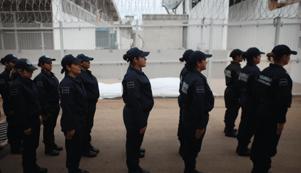 Prison guards stand in formation at the federal prison in El Rincon, northwestern Mexico